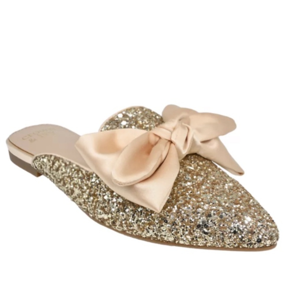 Crown & Ivy, NWT Elegant Gold Glitter Bow Mules with Bow, Size 8.5